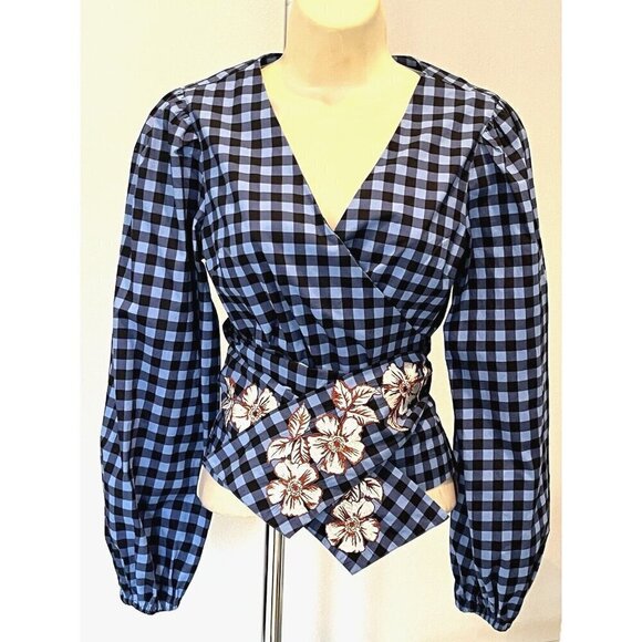 New Scotch & Soda Anthropologie Checked Floral Embroidered Wrap Blouse Top - Picture 1 of 14